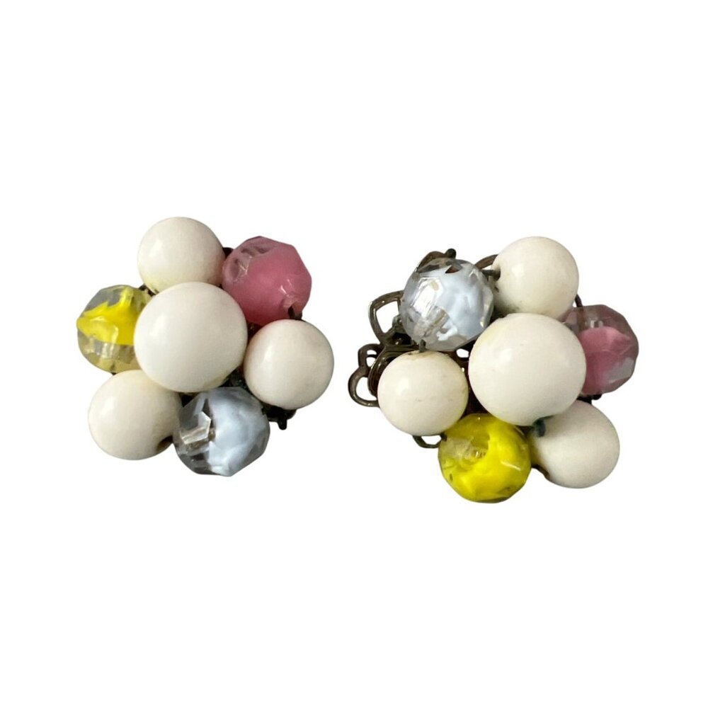 Vintage Glass Bead Cluster Clip On Earrings Silver Tone White Yellow 1" Estate